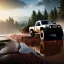 Placeholder: stylized hyperrealistic shot, muddy aggressive military toy truck, monotone color palette, sharp focus, puddle reflection, tire water splash, refraction, mist on the horizon, sunset, rocks background, detailed and intricate, cinematic composition, micro, tilt shift photography, unreal engine 5, octane render, 8k, cinematic lighting