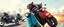 Placeholder: hi speed rocket ship on leaning scooter in a swing, coated rat gremlin captain in high speed pursuit among neon spy vs spy rat cyber soldiers, with background motion blur, airbrush and pen outline, in the style of Fallout 4 and Cyberpunk and GTA5, sun glasses with mirror reflection