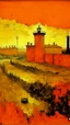 Placeholder: An orange colored marshland near an iron fortress painted by Vincent van Gogh