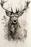 Placeholder: black and white sketch of a stag, ink drawing, woodland, white background, drawing by Carne Griffiths