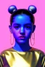 Placeholder: Ultra Realistic image, Rosalía artist, waist up portrait, black eye line, sweet angry face, geisha hair style, spray line make up, geometric, gold, big rings piercing, led ornament, bubble latex coat, cold, led lights, pop style, pink, blue, gold, vibrant color, highly detailed, art stations, concept art, smooth, unreal engine 5, god rays, ray tracing, RTX, lumen lighting, ultra detail, volumetric lighting, 3d, finely drawn, high definition, high resolution.