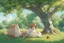 Placeholder: under an apple tree without human in summer. like studio ghibli