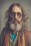 Placeholder: Hippie man with Parisian bohemian look and glasses of colours and poor hair on the head with receding hairline. Farsightedness glasses with big eyes. Long beard. Vintage look and feel like photos of the 70s