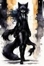 Placeholder: ink wash and watercolor full body concept illustration of an anthropomorphic, fanciful Black Fox, goth punk thief girl character with wildly flowing hair, ornately dressed with highly detailed feathers and facial features in the comic book style of Bill Sienkiewicz and Jean Giraud Moebius, with a fine art aesthetic, highly detailed , boldly inked, 4k UHD cinegraphic quality