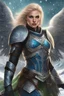 Placeholder: Fantasy art, woman valkyrie, blond short hair, beautiful woman, blue armour, snow background, black skin, green eyes,