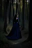 Placeholder: A princess in a dark indigo dress and very long black hair walks through a dark forest full of trees with her knight