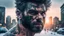 Placeholder: Double exposure, Wolfman, photorealism, man, city, sunset, snow, rain, fantasy, mystical, tattoo, vertical pupils, high detail, high resolution, 8K