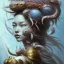 Placeholder: Sango fantasy, fantasy magic, intricate, sharp focus, illustration, highly detailed, digital painting, concept art, matte, art germ and Paul Lewin and Kehinde Wiley, masterpiece Indonesian lady head bronze lionfish Asian African girl nice breast Thai hair turquoise silver blue waves