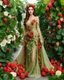 Placeholder: 📷🍓💃 length image full body sweet pose pretty woman wearing a beautiful high details natural beuty color unique gown costume made of elements varieties strawberries fruits.fully green leaves and variaties roses,orchids flowers background