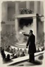 Placeholder: Create a powerful visual representation of the moment Booth fires a single shot into the back of Abraham Lincoln's head. Convey the shock and chaos among the audience as the gunshot reverberates through the theater