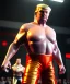 Placeholder: Donald trump wrestler, wrestling, lights cam, red breeches, suspenders, retro style, 80s, hot ambient, photo studio, gold, vibrant color, gradient, highly detailed, art stations, concept art, smooth, unreal engine 5, god rays, ray tracing, RTX, lumen lighting, ultra detail, volumetric lighting, 3d, finely drawn, high definition, high resolution.