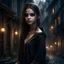 Placeholder: pretty girl, conventionally attractive, dark clothes, realism, dreamy, tight top, age 13, sorcerer, city, fantasy, medieval