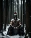 Placeholder: man sitting on a throne in a middle of a snowy forest, muscular athletic physique, wearing a spartan helmet over face,