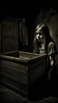 Placeholder: The picture reflects an atmosphere of mystery and horror, in which the Cursed old box appears as if emitting an incomprehensible danger. Darkness creeps around the wooden box, which stands quietly in the dark corner inside the "lost ghosts"store. Emma, a young girl with curious eyes, watches the box with obvious anticipation, and on her face reflects surprise and wonder. The light mixed between the enchanting shades enhances the appearance of the box, giving the scene a mysterious and exciting a