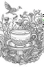 Placeholder: Outline art for coloring page, AVANT GARDE DRAWING TEACUP SET IN A GARDEN, coloring page, white background, Sketch style, only use outline, clean line art, white background, no shadows, no shading, no color, clear