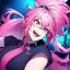 Placeholder: Clear focus, 8k, beautiful lighting, vibrant colors, girl, pink hair, long hair, vibrant blue eyes, ponytail, messy hair, hair in between the eyes, laughing, angry,