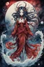 Placeholder: Demon girl wizard behind, cosmic horror, nightmare, galaxy in eyes with dread, truth, alien underwater, fullbody, watercolor illustration by <Katsushika Hokusai>, darkred tones,