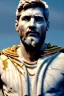 Placeholder: Realistic image, Roman sculpture made in white marble with gold veins, Lionel messi with gold halo crown, two blue brushes, decorative star on the chest, waist up portrait, marble material, gold ornaments, Baroque style, sun rays background, epic, celestial, cinematic lighting, God lights, 4k resolution, smooth details, soft lighting, unreal engine 5, art station, substance 3d.