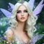 Placeholder: Fantasy fairy with transparent wings, smiling, make up, long platinum blond hair with crown and flowers, blue dress, flowering background