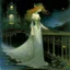 Placeholder: THE GHOST IS STILL DANCING AT NIGHT ON THE OLD COUNTRY BRIDGE. Alphonse Mucha. Leonor Fini