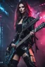 Placeholder: Beautiful super model European woman cyberpunk rocker who plays guitar heavy metal music,stage music concert background