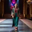 Placeholder: A full-body shot of a beautiful lady wearing azeri folk jacket and pants walking on a nice stage and looking at the camera