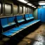 Placeholder: Très Vieux wagon de métro, sièges usés , linoléum bleu au sol, usé