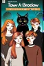 Placeholder: Act like a book cover designer. Use comic style. Grimmy black cat and a group of three teenagers (13-15 years old) - two brothers with ginger hair and frickles with a brown-haired girl. Environment: old town.