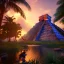 Placeholder: Chichen Itza, sunset, rainbow sunset, waterfall, palms, twigs, spring, sunset rainbow, bridge flying birds, unreal engine 5, cinematic lighting, realistic, hyper detailed, 8k, octane render, cinema 4d