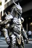 Placeholder: Humanoid silver dragon wearing light armor in the streets