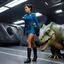 Placeholder: [high res photo directed by J-J Abrams] female starfleet in cadet uniform with belt miniskirt, she takes care of her pet dinosaur in the cargo Bay Area