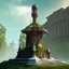 Placeholder: Monument, abandoned city centre, statue of human on top, look from distance, buildings visible whole statue, overgrown statue and monument, realistic, highly detailed