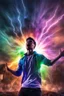 Placeholder: Young man standing, with arms raised with lightening coming from them, in front of an exploding building at night, with coloured auras around him