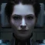 Placeholder: beautiful female captain, high tech, sci fi, brown eyes, pale skin, blue high tech outfit, dark bun hair