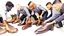 Placeholder: group of men smelling shoes