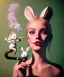 Placeholder: Ultra realistic portrait, wonderland party club, wide-angle lens, couple, cinematic, happy blonde woman smoking a pipe, accompanied by elegant anthropomorphic white rabbit, circus dress style, old school tattoo, laughter, marihuana plants, smoke, mushrooms, soft color, highly detailed, unreal engine 5, ray tracing, RTX, lumen lighting, ultra detail, volumetric lighting, high definition.