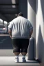 Placeholder: full figure shot back view of a fat guy , timid 45-year-old italian chubby in tracksuit, big buns, at bus stop photorealistic, ambient occlusion, sunlight