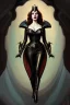 Placeholder: painting of christina hendricks as evil queen in black leather, feminie, angry, volouptous, busty, cleavage, emperious, mature, highly detailed, digital painting, artstation, concept art, smooth, sharp focus, illustration, art by gaston bussiere and alphonse mucha