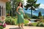 Placeholder: very beautiful lady with beautiful midi green- silver,jeweled lace skirt and pretty same material top with curvy hair high heels standing in a nice villa yard with trees flowers ,in country side in floor of beautiful mountains ,sea with ships ,water falls,16 by 9