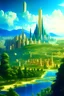 Placeholder: New Jerusalem city of gold, backround New Earth with green forest blue sky, hyper photorealistic