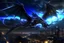 Placeholder: black dragon in flight city in the background at night