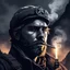 Placeholder: Close-up portrait of a rugged partisan, face grim with resolve, in mid-whistle. A friend, shadowy and blurred, steps into the empty spot behind him, overlapping. The partisan's dirty hand holds a glowing cigarette; the rising smoke forms fractal barbed wire patterns. They are on a narrow mountain pass at deepest night. The sky is a pulsating vortex of deep purple, indigo blue, and emerald green galaxies and swirling cosmic dust. High-contrast 35mm film grain documentary aesthetic brutally overla