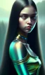 Placeholder: young girl, cute, beautiful, long hair, black hair, light green skin, flat nose, black eyes, big eyes, turquoise dress, head and shoulders portrait, 8k resolution concept art portrait by Greg Rutkowski, Artgerm, WLOP, Alphonse Mucha dynamic lighting hyperdetailed intricately detailed