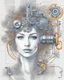 Placeholder: A realistic complex colorful illustration of a anthropomorphic woman face portrait, composed of various components such as valves, springs, bolts, and circuits with some drawings, diagrams and notes explaining how it works on background, concept art