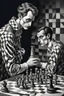 Placeholder: harlequin playing chess with a confused look on his face, in the style of Escher