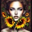 Placeholder: Portrait of a woman, sun and sunflowers, eclectic harmonic dot art