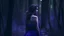 Placeholder: beautiful woman in a dark forest, sleeveless, purple hue, romantic, seen from the back, dark, desperate