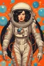 Placeholder: A retrofuturistic portrait of an astronaut woman with dark hair, wearing a space suit and surrounded by floating bubbles on an orange background. She has red lipstick and blue eyes, looking at the camera. The artwork is in a vintage style, reminiscent of classic science fiction illustrations from old books. It's in vibrant colors, with detailed attention to her costume and accessories in the style of classic science fiction illustrations. --ar 4:5 --v 6. 0