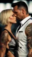 Placeholder: Jason david frank muscular male with short dark hair and tribal tattoos, wearing a designer suit, whispering in ear of young blonde woman, with short hair, wearing short white dress. fantasy, hyper realistic