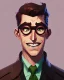 Placeholder: Fit man in round glasses, smiling eyes, wavy hair, stubble, slim, tie, monotone, green eyes, comic book style, two tone colours, detailed, ink, realistic, handsome, square jaw, big brows, no jacket, bird on the shoulder, spotlight